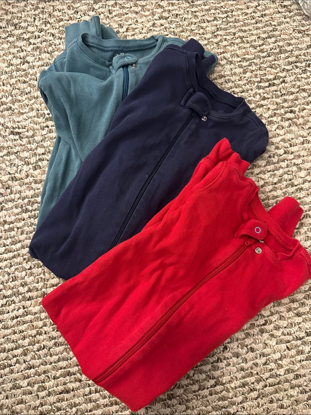 Primary Kids organic cotton footless zip pj set of 3 - Red, Navy, slate teal